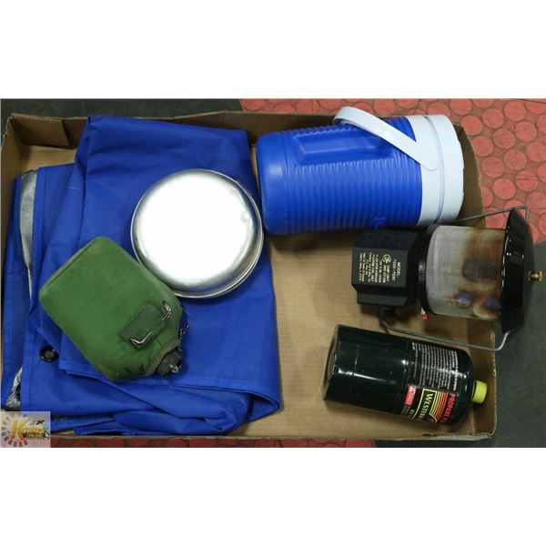 CAMPING FLAT TARP,LANTERN,PROPANE,METAL DISHES,