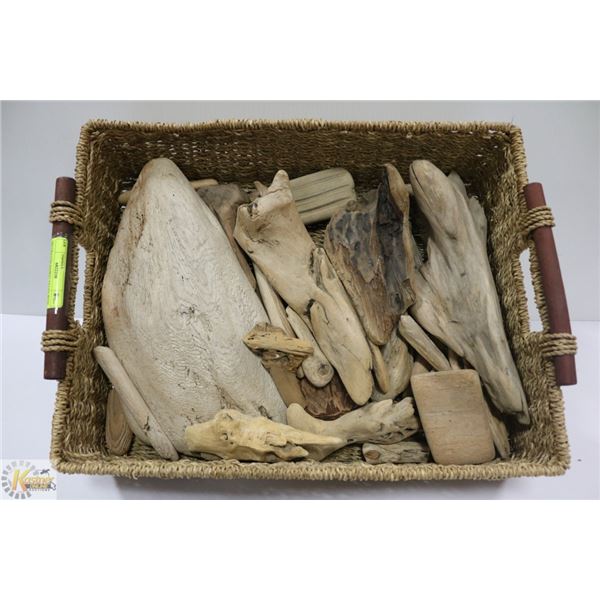 DECORATIVE BASKET FILLED WITH DRIFTWOOD PIECES