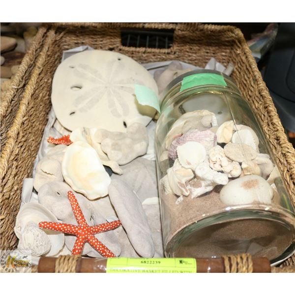 DECORATIVE BASKET FILLED WITH SEASHELLS, SAND