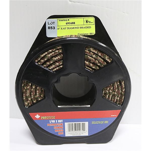 NEW 1/4" X 65' DIAMOND BRAIDED ROPE