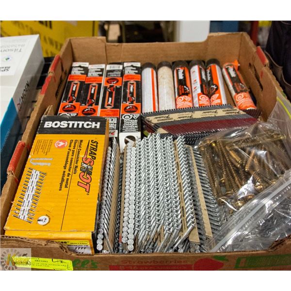 LARGE FLAT OF NEW HARDWARE INCL. 4 NEW PASLODE