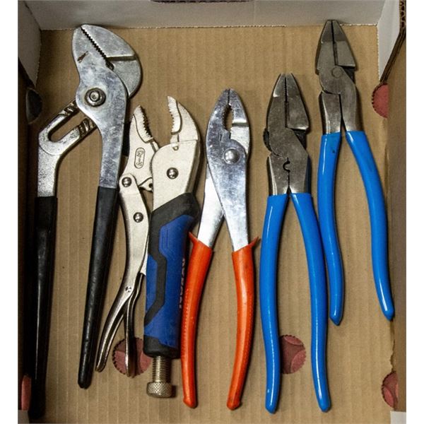 FLAT OF PROFESSIONAL GRADE PLIERS, VICE GRIP,