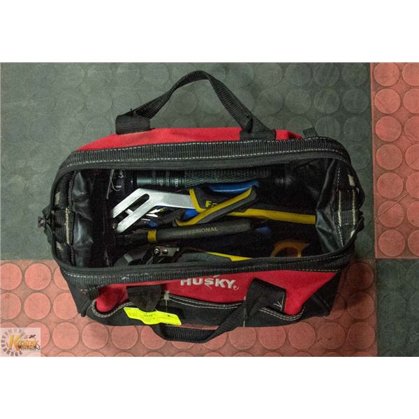 HUSKY TOOL BAG W/ VARIOUS PLIERS AND SIDE