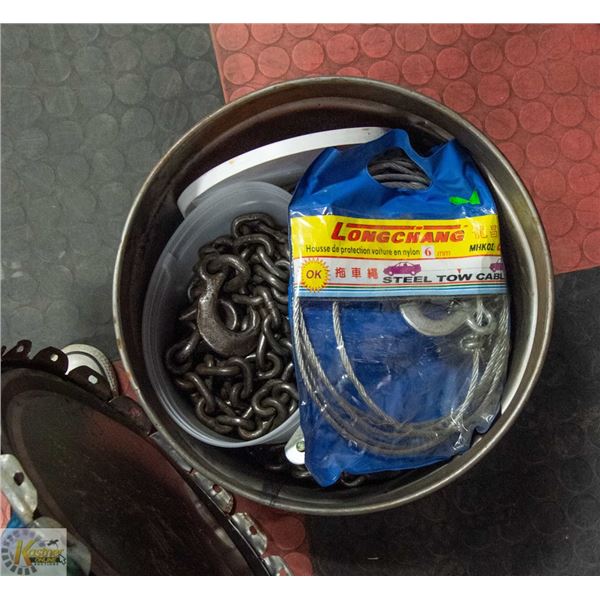 CABLE HAND WINCH, 20' & 15' CHAIN AND TOW CABLE