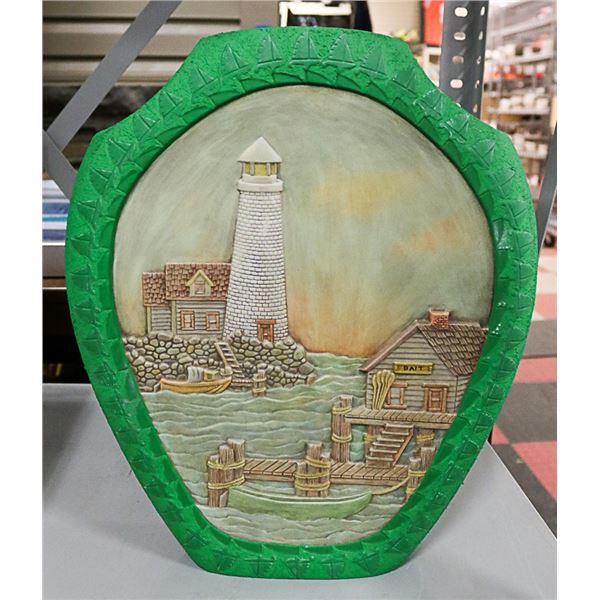 LARGE GREEN COASTAL SCENE VASE DONE IN A SPAINISH