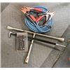 Image 1 : BOX OF CAR ITEMS BOOSTER CABLES AND TIRE IRON