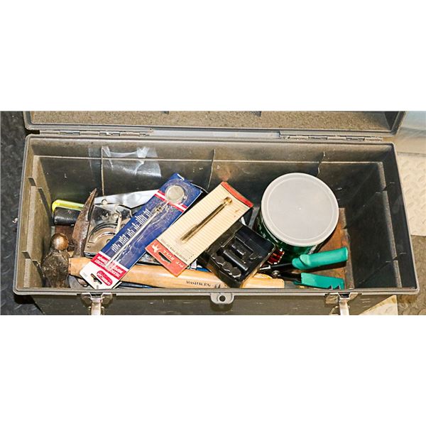 GREY PLASTIC TOOLBOX WITH SOME TOOLS