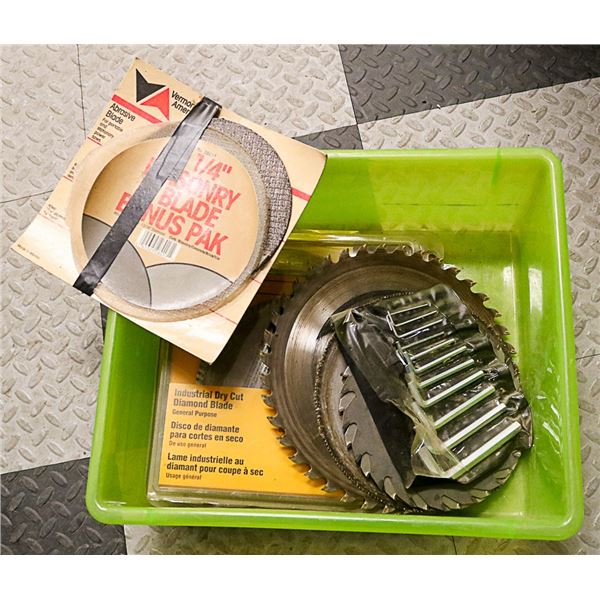 PLASTIC TOTE FULL OF SAW BLADES