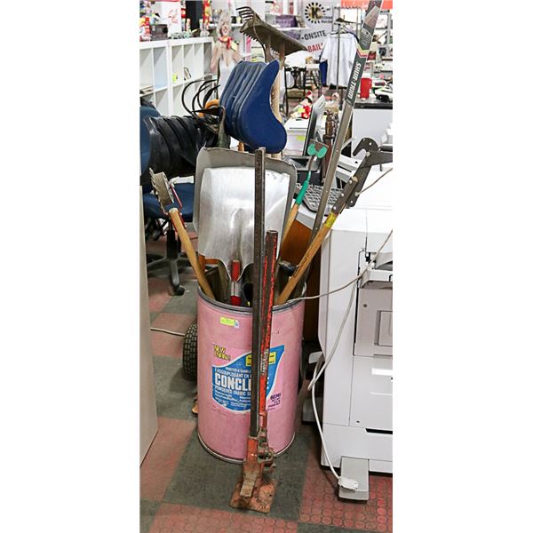 BARREL OF YARD TOOLS  WITH JACK  ALL AND DOLLY