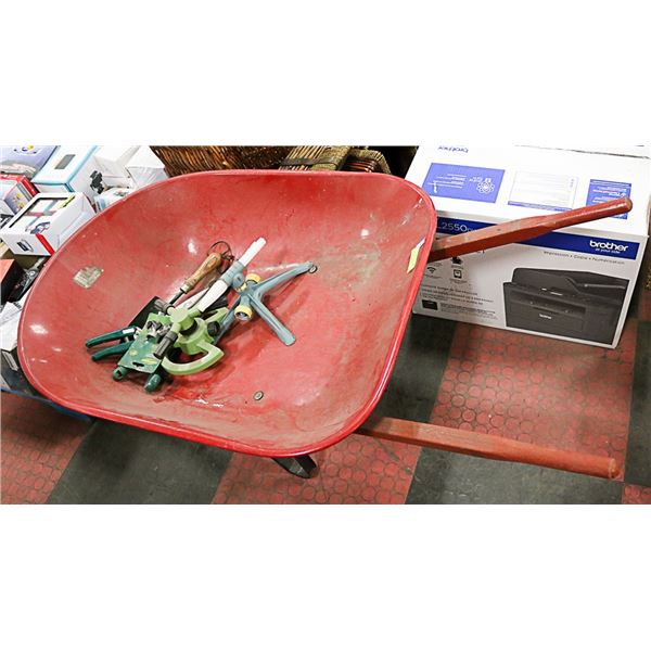 YARDWORKS WHEEL BARROW WITH ASSORTED YARD TOOLS