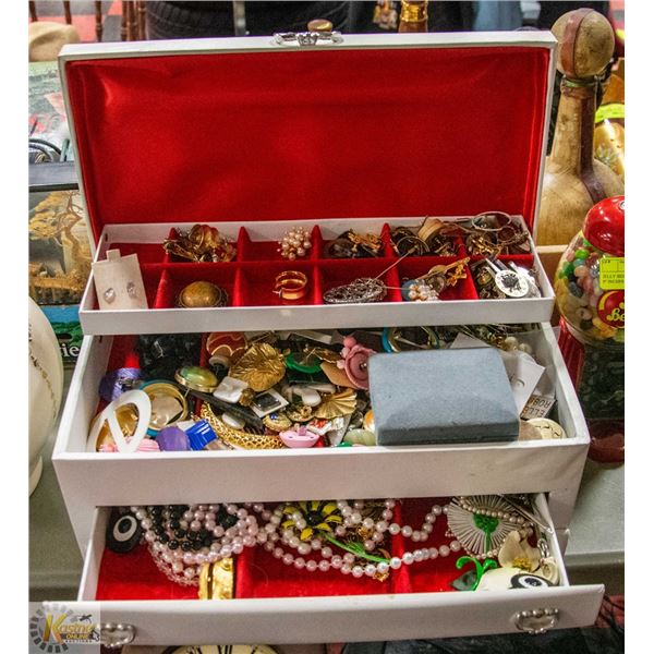 WHITE JEWELRY BOX FULL OF JEWELRY