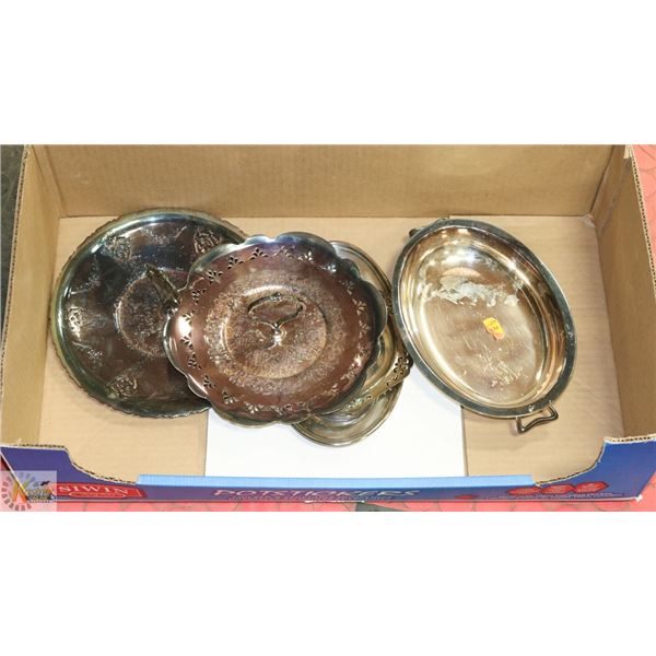 BOX OF ASSORTED SILVER PLATED TRAYS