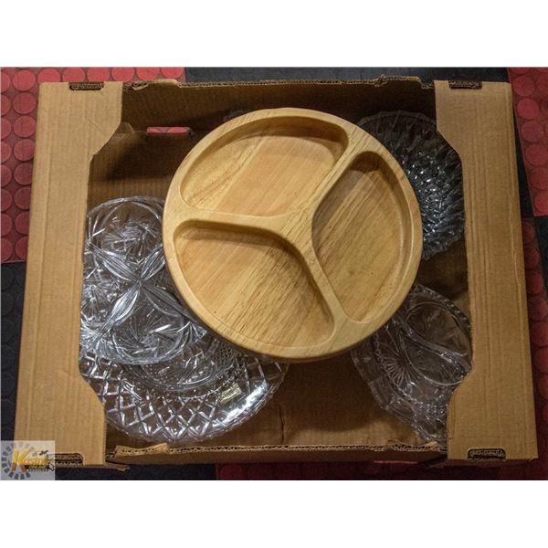 FLAT OF GLASSWARE PIECES AND ONE WOOD PIECE