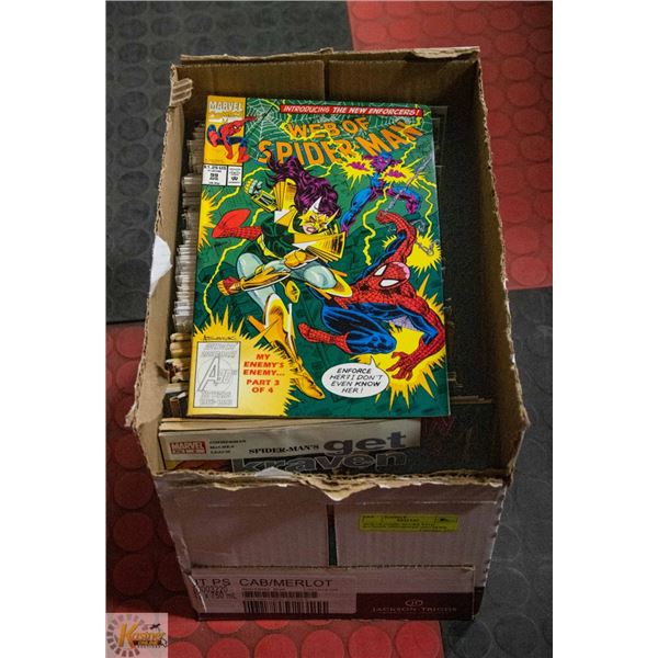 BOX OF COMIC BOOKS WITH BATMAN, SPIDERMAN AND MORE