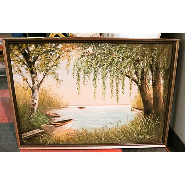 OIL ON BOARD PICTURE OF BOATS ON LAKE, SIGNED