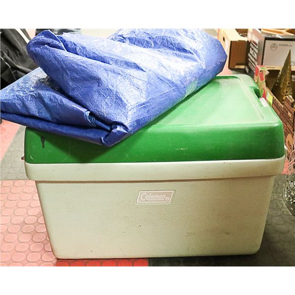 VINTAGE COLEMAN COOLER WITH 12 X 20 TARP