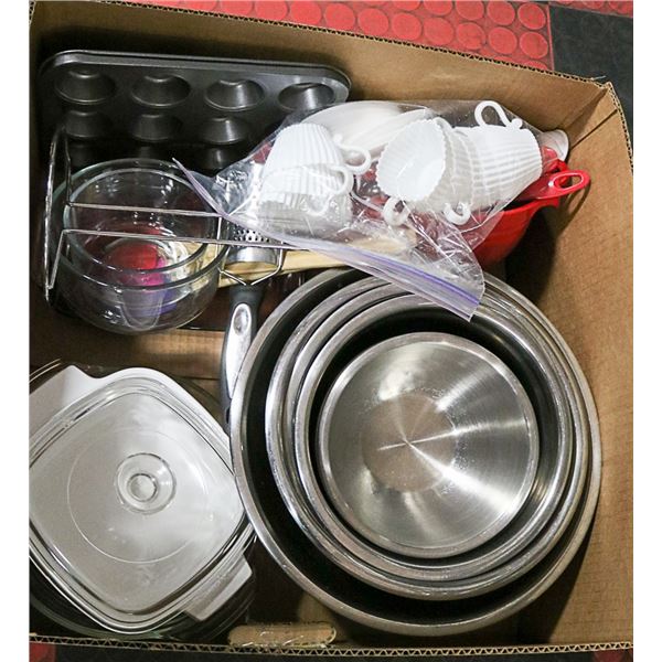 LARGE BOX OF BAKING ITEMS INCL 7 ST. STEEL MIXING