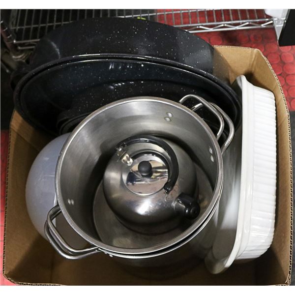 BOX WITH 2 LARGE STOCK POTS, 2 ROASTERS (MED. &