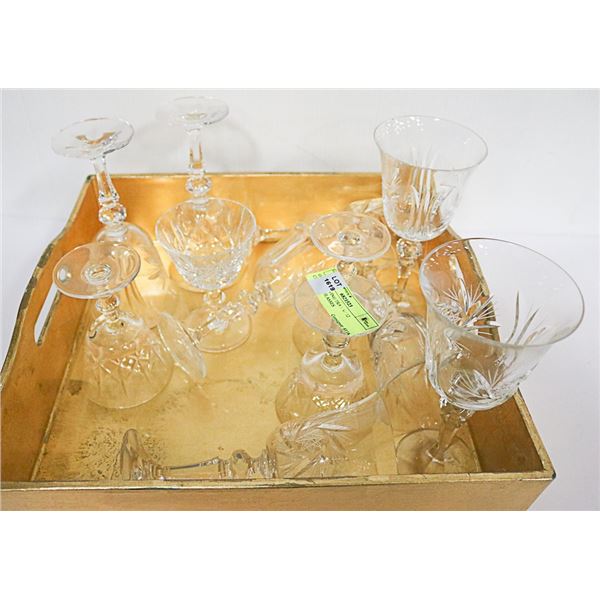 GOLD SERVING TRAY W/ 12 CRYSTAL GLASSES
