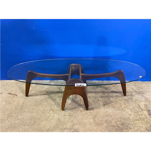 TEAK DECORATIVE COFFEE TABLE (GLASS TOP HAS VISIBLE DAMAGE) 59.5 X 23.5"