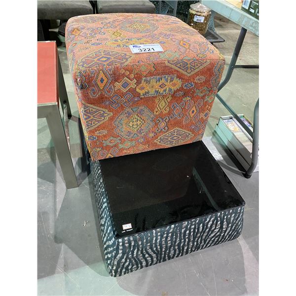 3 OTTOMANS (2 OF WHICH HAVING REMOVABLE GLASS TOPS)