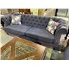 Image 2 : BLUE BUTTON BACK SOFA WITH 2 THROW FLORAL PRINT PILLOWS APPROX. 86" LONG