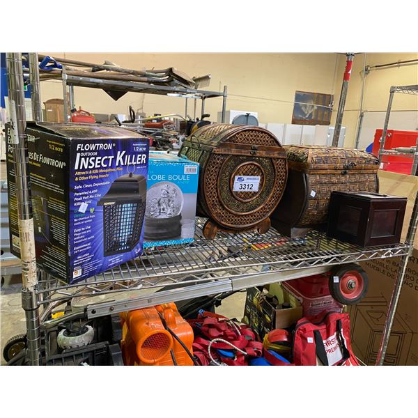 ASSORTED DECORATIVE CONTAINERS, OUTDOOR INSECT KILLER, & SNOW GLOBE