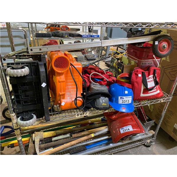 ASSORTED TOOLS, BLOWER, 2 WHEEL DOLLY, & MORE