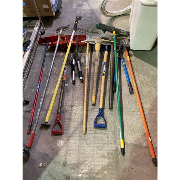 ASSORTED SHOVELS, PICK AX, & MORE