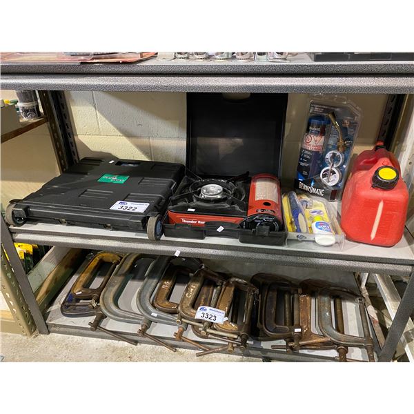 FOLDING CART, THUNDER RANGE STOVE TOP, GAS CAN, BENZOMATIC TORCH, & CARPET CLEANER