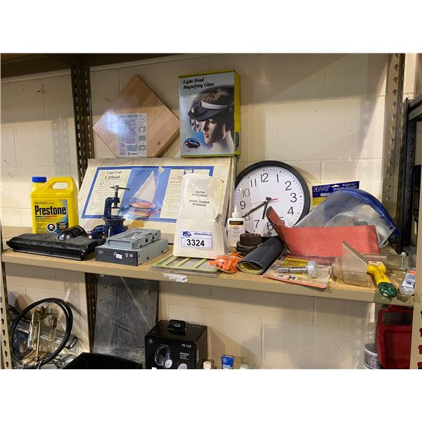 ASSORTED TOOLS, FACE SHIELD, WALL CLOCK, LIGHT HEAD MAGNIFYING GLASS, & MORE