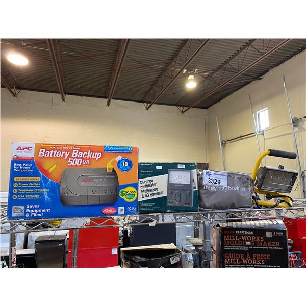 2 WORK LIGHTS, 43 RANGE MULTITESTER, APC BATTERY BACKUP 500VA