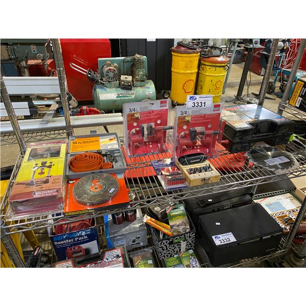 FREUD SUPER DADO BLADES, 2 NEW IN PACKAGING BESSEY 3/4  H SERIES PIPE CLAMPS, ASSORTED DRILL BITS,