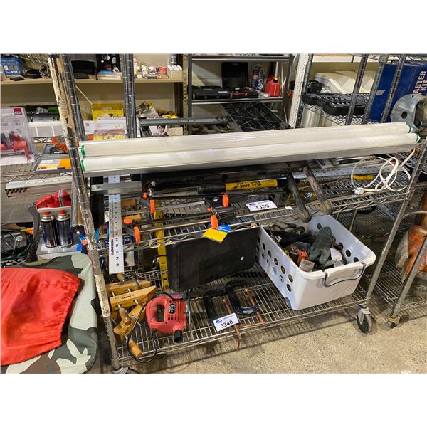 ASSORTED LONG CLAMPS, LIGHT, ROLLER STAND, & MORE