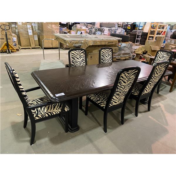 LARGE DINING TABLE WITH 2 LEAF INSERTS & 6 ZEBRA PATTERNED CHAIRS APPROX. 100 X 42"
