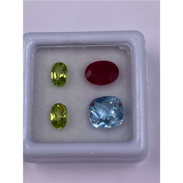 GEMSTONE MIX; RUBY 1.85CT, OVAL, VS, POSSIBLE GF, TOPAZ 2.55CT, SQUARE, VVS, BRAZIL, PERIDOT