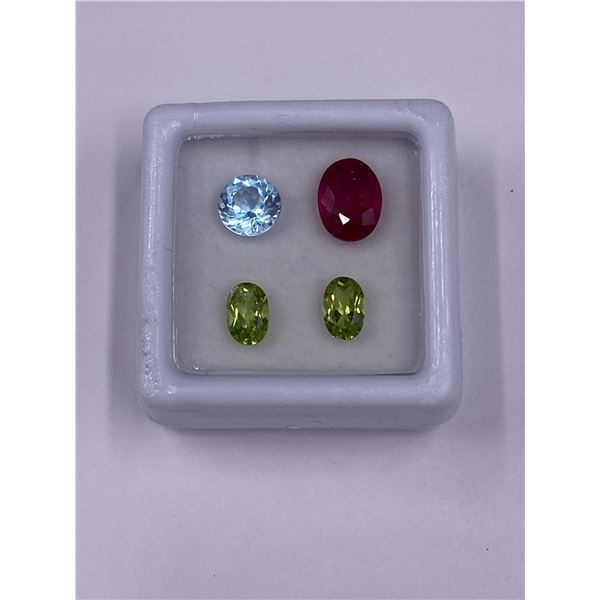 GEMSTONE MIX; RUBY 1.85CT, OVAL, VS, POSSIBLE GF, TOPAZ 1.15CT, ROUND, VVS, BRAZIL, PERIDOT 0.95CT,