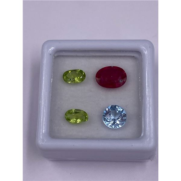 GEMSTONE MIX; RUBY 1.70CT, OVAL, VS, POSSIBLE GF, TOPAZ 0.95CT, ROUND, VVS, BRAZIL, PERIDOT 0.95CT,