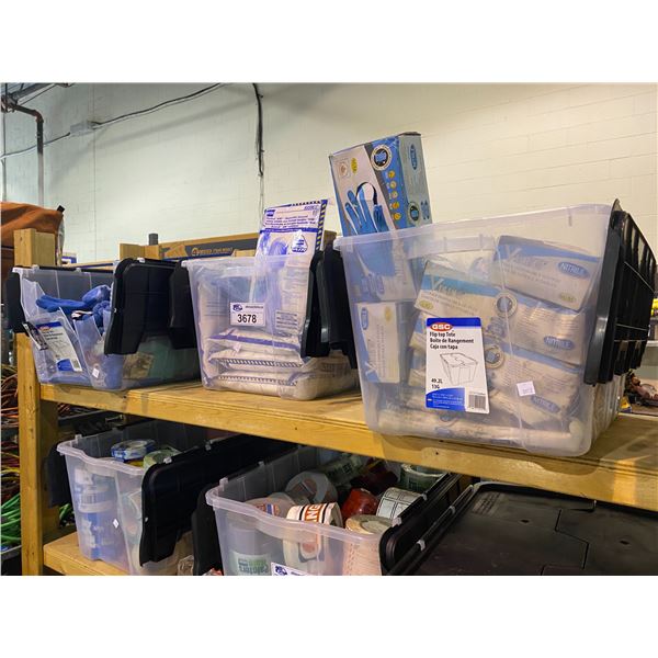 3 BINS OF NEW PRODUCT: BLUE CHIP GLOVES, NORTH VENTED AIR DISPOSABLE COVERALLS, & VIKING NITRILE