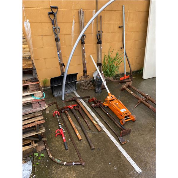 FLOOR JACK, ASSORTED TOOLS, SHOVELS, & MORE