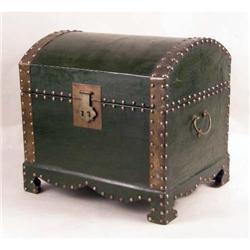 A GREEN-LEATHER AND BRASS TACK-MOUNTED DOME TOP CHEST