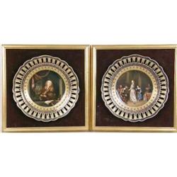 TWO FRAMED POLYCHROME AND PARCEL-GILT DECORATED PORCELAIN PLATES