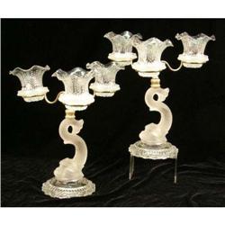 A PAIR OF NEOCLASSICAL STYLE FROSTED TO CLEAR GLASS AND BRASS DOLPHIN-FORM EPERGNES