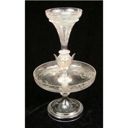 AN ETCHED AND COLORLESS GLASS COMPOTE