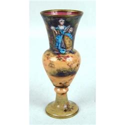 AN ENAMEL AND BRASS POLYCHROME-DECORATED DIMINUTIVE VASE