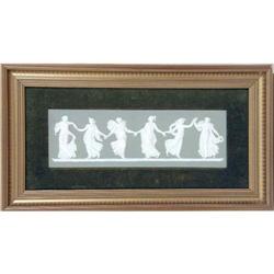 A FRAMED WEDGWOOD "DANCING HOURS" GREEN JASPERWARE PLAQUE