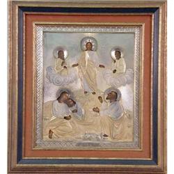 A FRAMED PAINTED OIL ON PANEL ICON