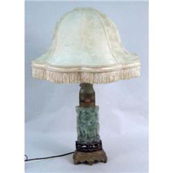 A CARVED GREEN HARDSTONE METAL MOUNTED LAMP