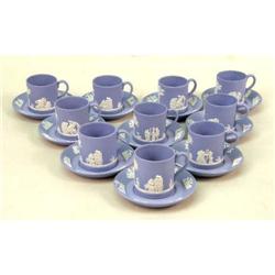 A GROUP OF BLUE WEDGEWOOD PORCELAIN DEMI-TASSE CUPS AND SAUCERS