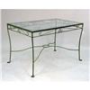 Image 1 : A GREEN-PAINTED METAL AND GLASS-TOPPED KITCHEN/GARDEN TABLE. 30" h x 48" l x 30 1/4" d.